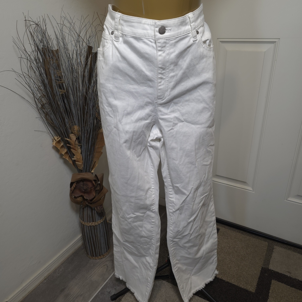 Eileen Fisher White Denim Straight Leg Sz M/M (33) Fringe Hem Organic Cotton